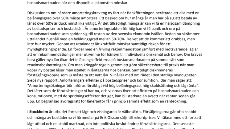 Erik Olsson Fastighetsförmedling kommenterar bostadsmarknaden 14 oktober