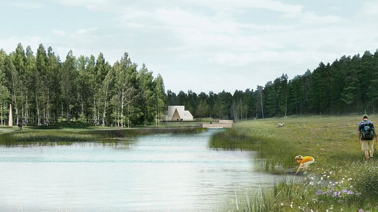 Två reningsdammar på sammanlagt 3,3 hektar ska hantera lakvatten från gravar och föroreningar från tippmarken i projekt Järva begravningsplats. Bild: Arkitekt Kristine Jensen.