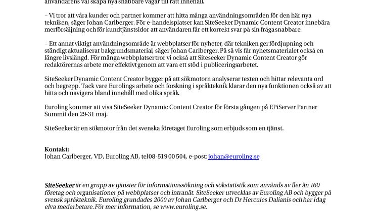 Euroling lanserar SiteSeeker Dynamic Content Creator