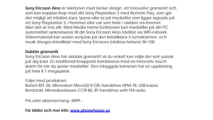 Nu finns Sony Ericsson Aino hos The Phone House