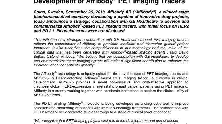 Affibody and GE Healthcare to Collaborate on Development of Affibody® PET Imaging Tracers