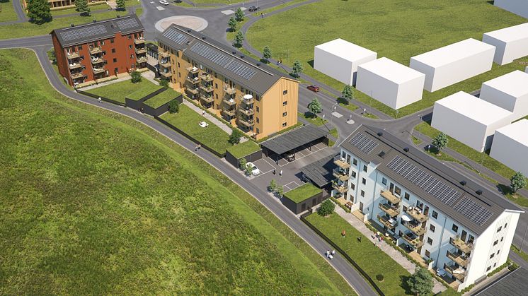 Översiktsillustration av de nya lägenheterna i BoKlok Paraden, Upplands Väsby