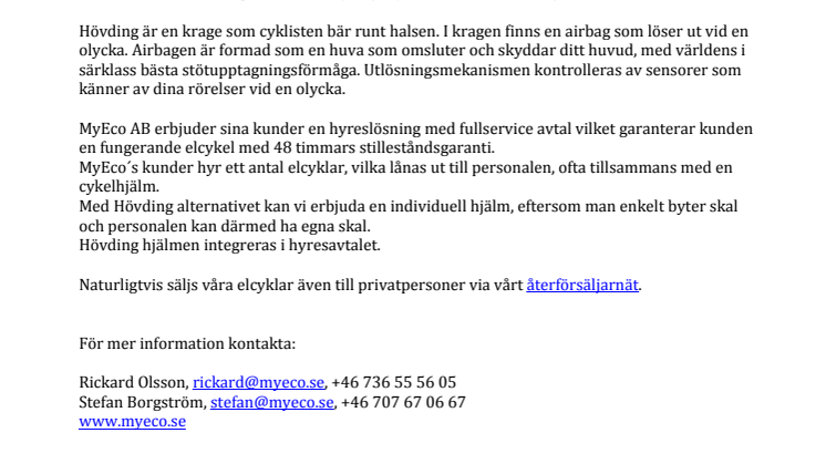 MyEco AB inleder samarbete med Hövding Sverige AB