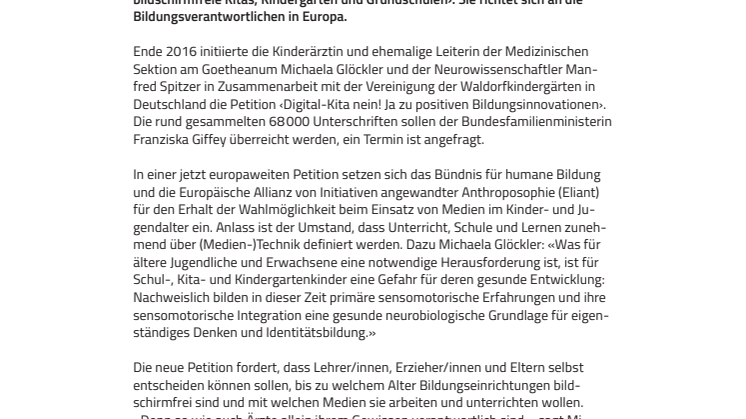 «Für bildschirmfreie Kitas, Kindergärten und Grundschulen». ​Sektionen des Goetheanum unterstützen Petition