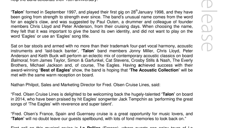 Fred. Olsen Cruise Lines welcomes back award-winning ‘Talon’ in 2014