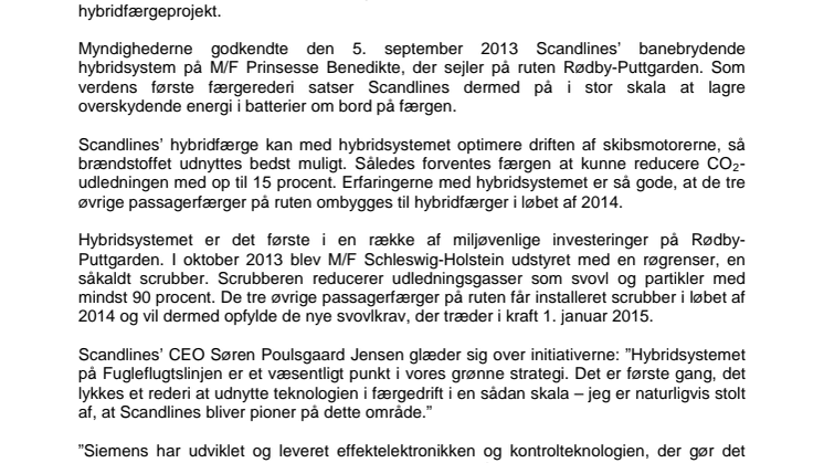 Scandlines investerer trecifret millionbeløb i miljøteknologier – hybriddrift sætter kursen på Fugleflugtslinjen