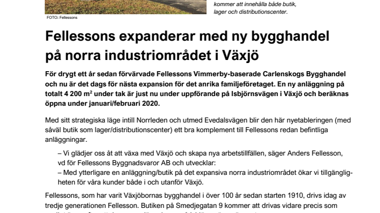 Fellessons expanderar med ny bygghandel  på norra industriområdet i Växjö
