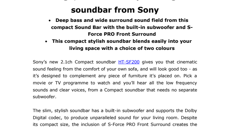​Ny stilfuld og kompakt soundbar fra Sony med stor lyd trods det slanke design