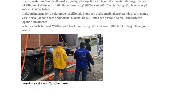 Hjälparbete efter jordbävningen i Albanien med MSB och Lions Sverige tillsammans