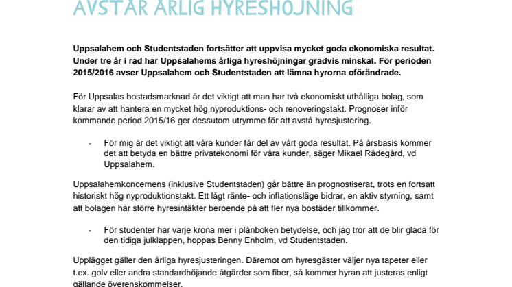 Uppsalahem och Studentstaden avstår årlig hyreshöjning