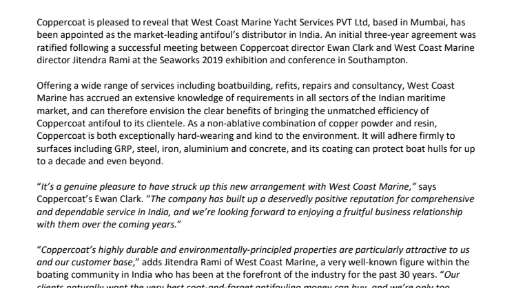 Coppercoat announces the appointment of a new distributor in India