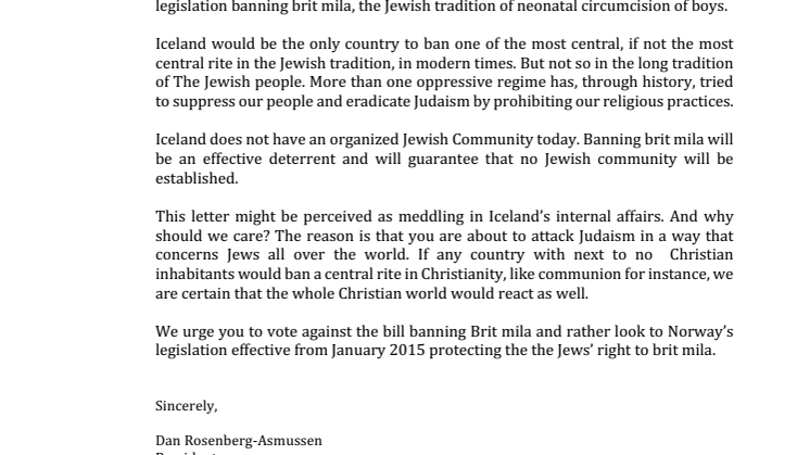 JOINT STATEMENT BY NORDIC JEWISH COMMUNITIES CONCERNING PROPOSED ANTI-CIRCUMCISION LEGISLATION IN ICELAND