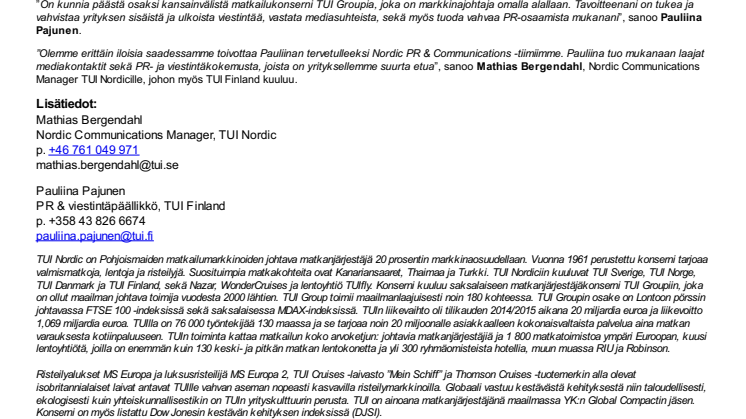 Pauliina Pajunen TUI Finland Oy Ab:n PR- ja viestintäpäälliköksi