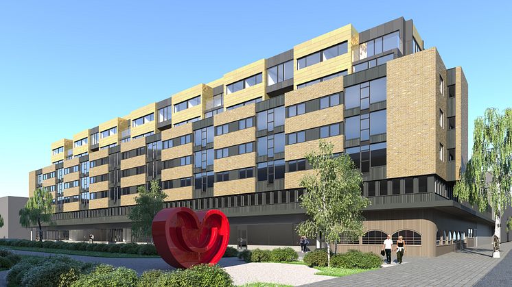 Vy längs Rådhusesplanaden mot det på- och tillbyggda Valandhuset. Bild: Sweco AB.