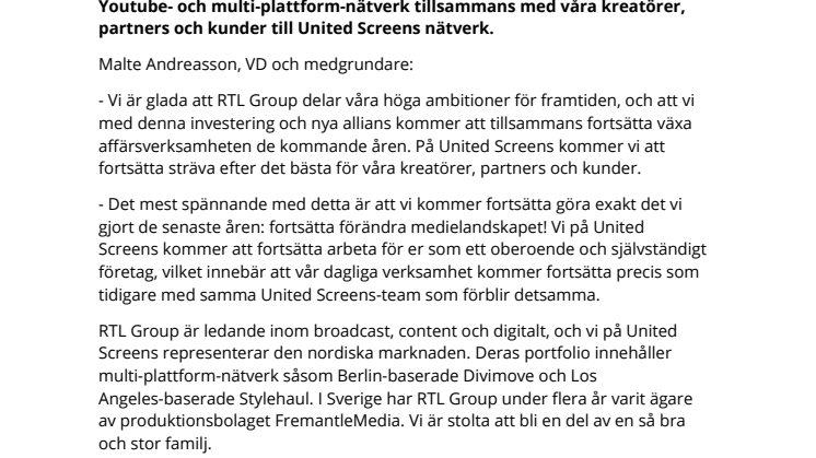 ​RTL Group blir ägare till och investerar i United Screens
