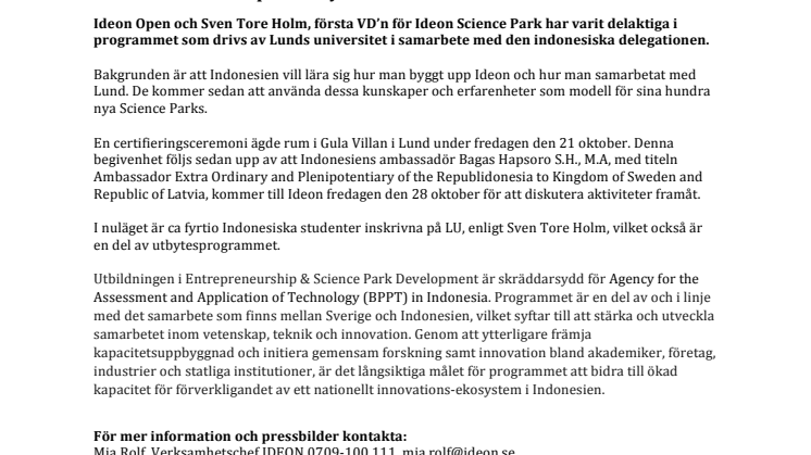 Indonesien ska skapa 100 nya Science Parks med IDEON som förebild