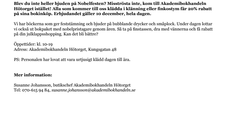Kom festklädd på Nobeldagen och få 20% rabatt på dina bokinköp!