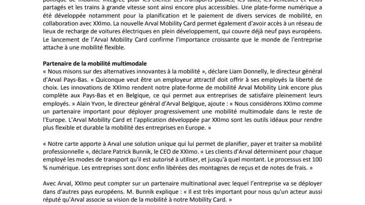 Arval et XXImo franchissent une nouvelle étape vers une politique de mobilité intégrée avec un partenariat international