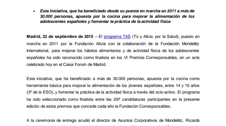 El programa TAS de Mondelēz y Fundación Alicia, reconocido en los VI Premios Corresponsables