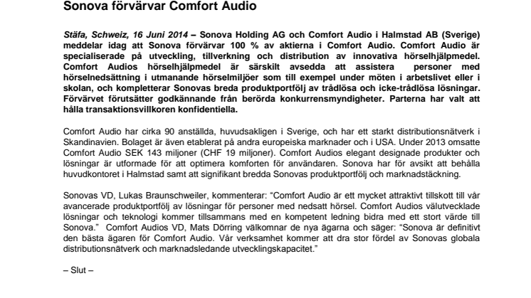 Sonova förvärvar Comfort Audio