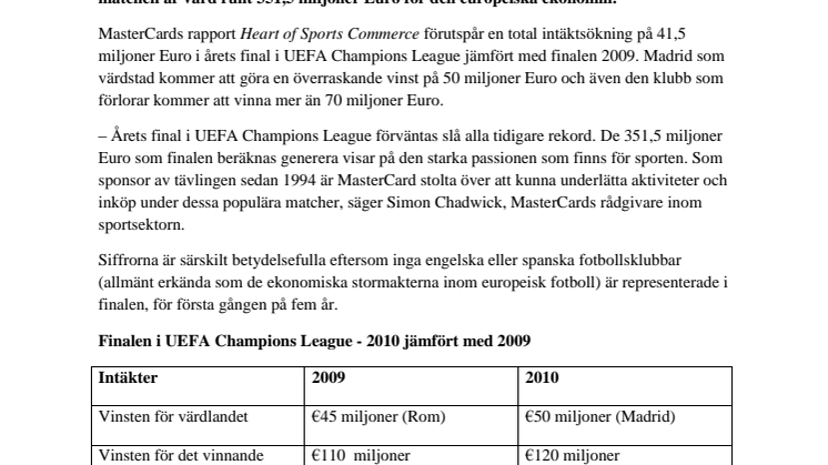Finalen i UEFA Champions League är värd 351,5 miljoner Euro, enligt studie av MasterCard 