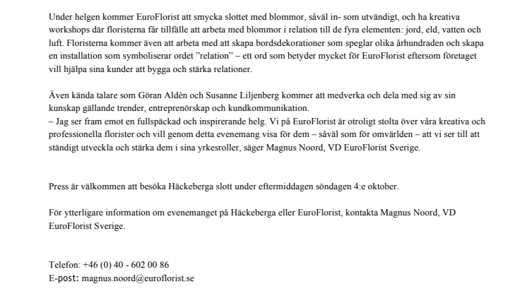 EuroFlorist smyckar Häckeberga slott med blommor