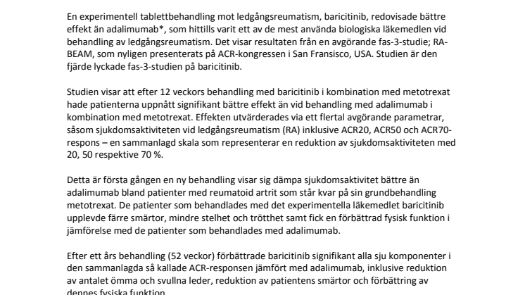Tablettbehandling av ledgångsreumatism med baricitinib visade bättre effekt på sjukdomsaktivitet än injektionsläkemedlet adalimumab 