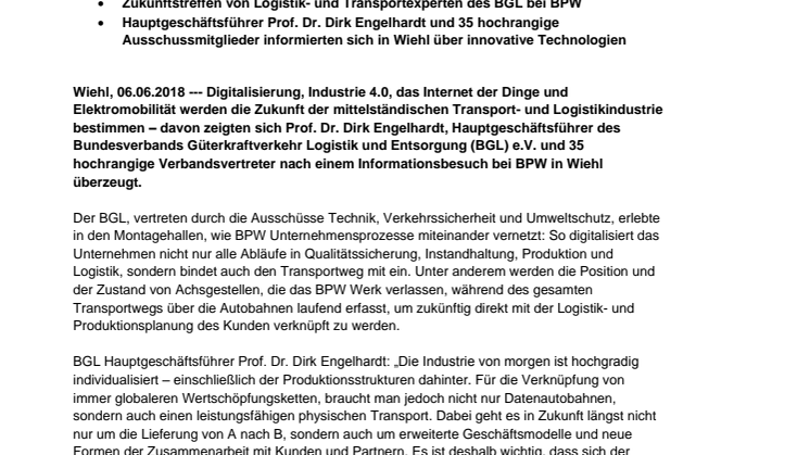 BGL und BPW: „Transportlogistik 4.0 bestimmt die Zukunft des Mittelstands“