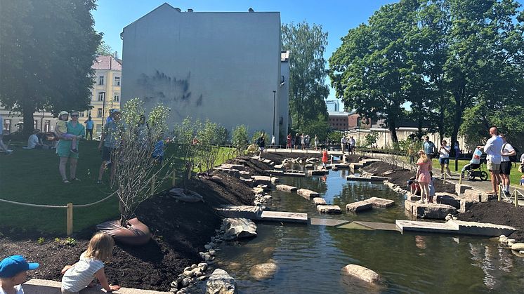 Barn leker steiner i vannet. Åpning av Klosterenga park