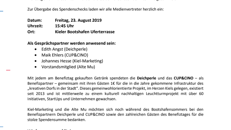 Presseeinladung zur Spendenübergabe vom Bootshafensommer-Benefiztag an die Alte Mu