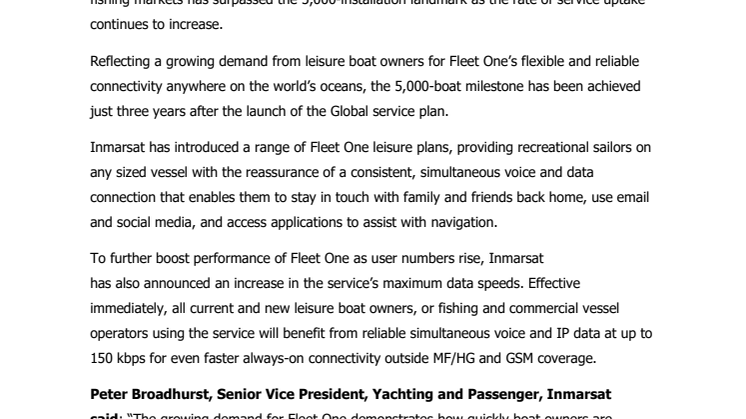 Inmarsat Fleet One exceeds 5,000 installations milestone