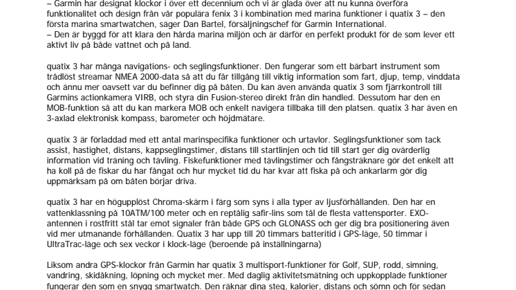 Garmin® presenterar quatix 3® marin smartwatch med GPS