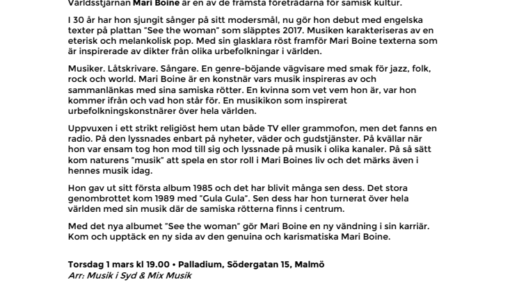 Mari Boine byter språk – "See the woman" på Palladium Malmö 1 mars