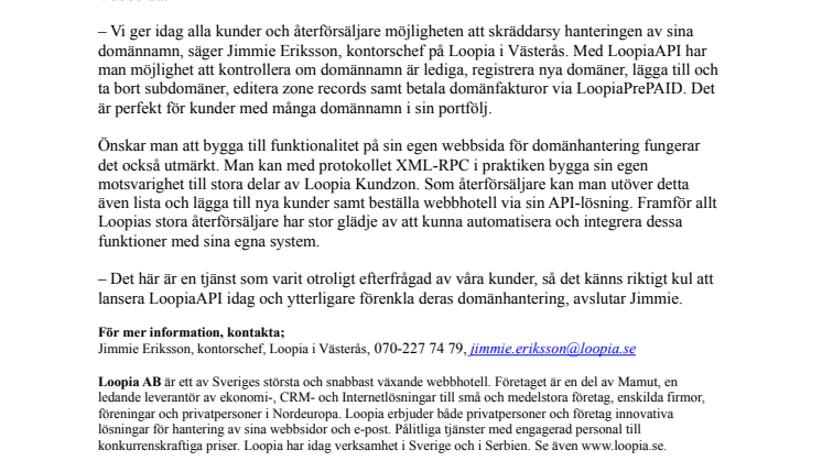 Unik möjlighet för Loopias kunder när Loopia lanserar API för alla kunder och återförsäljare