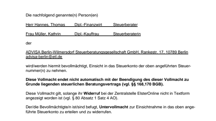 ADVISA - Vollmacht Steuerkonto online (Brandenburg)
