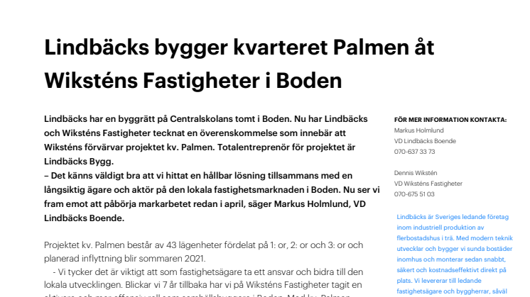 Lindbäcks bygger kvarteret Palmen åt Wiksténs Fastigheter i Boden
