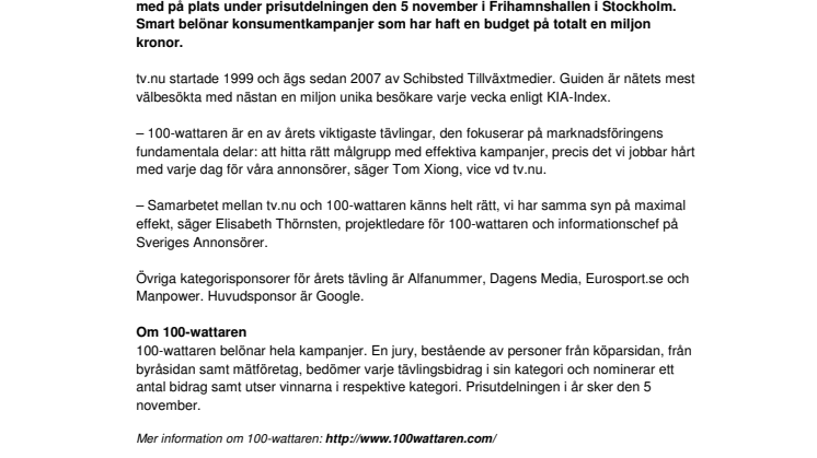 tv.nu sponsrar 100-wattaren 