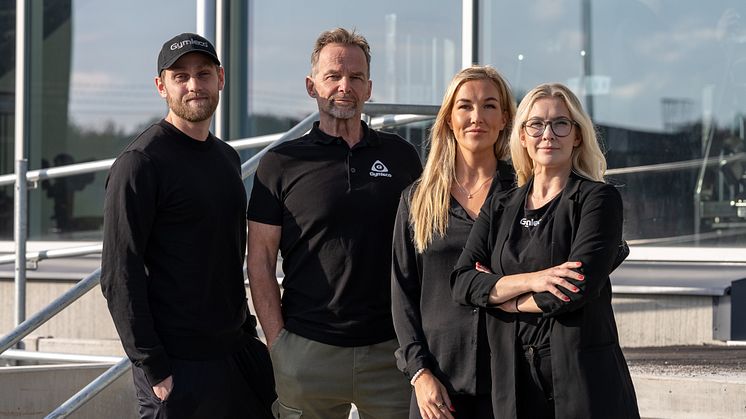 Gymlecos ledning. Från vänster Oscar Stahl, Logistikansvarig, Kari Jernvall, Grundare, Linda Sotkasiira, Marknadsansvarig och Monica Sotkasiira, VD. 