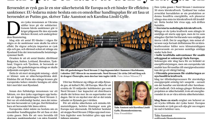 Debattartikel SVD - Europa bör fasa ut den ryska gasen