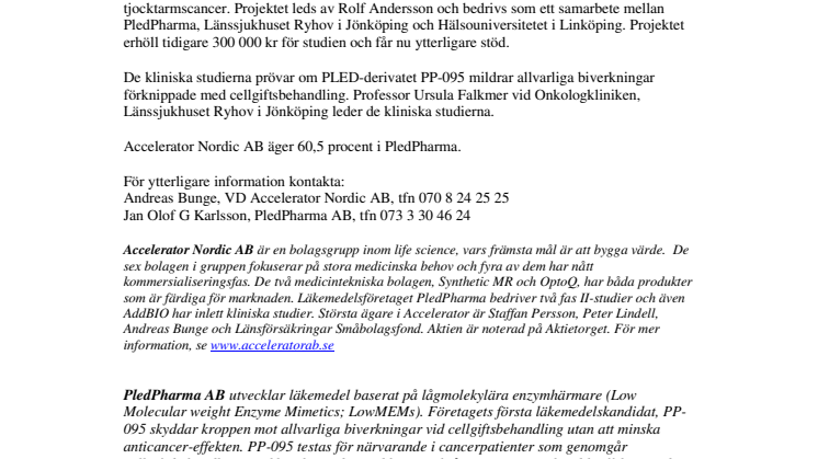 PledPharma AB erhåller forskningsstöd för cancerstudie