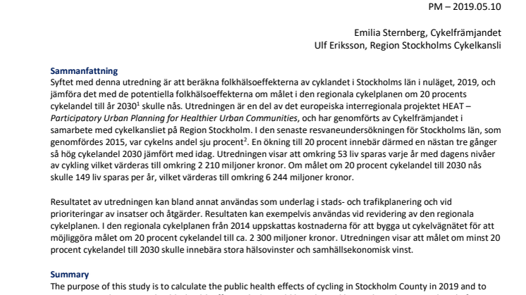 Cyklingens hälsoeffekter i Stockholms län 2030 - HEAT PM 2019.05.10
