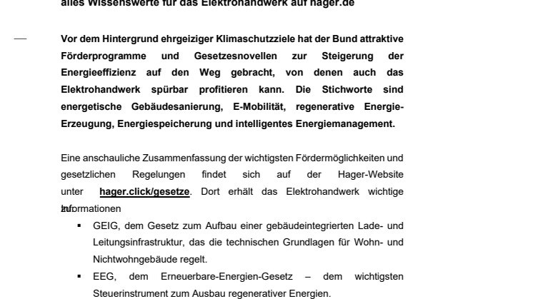 GEIG, EEG und BEG: alles Wissenswerte für das Elektrohandwerk auf hager.de
