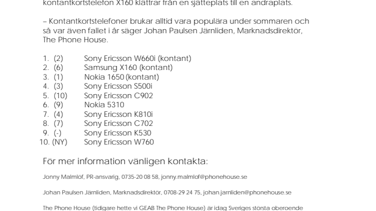 Topplistan: Kontantkortstelefoner i topp under sommaren 