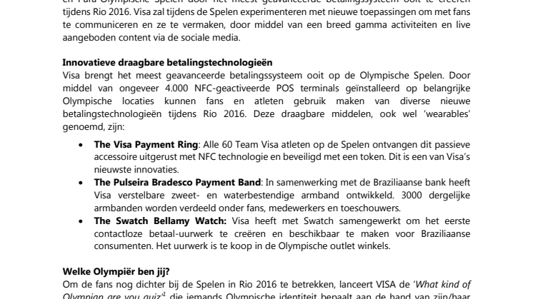 Visa viert 30 jaar Olympische samenwerking met nieuwe wearable betalingstechnologieën