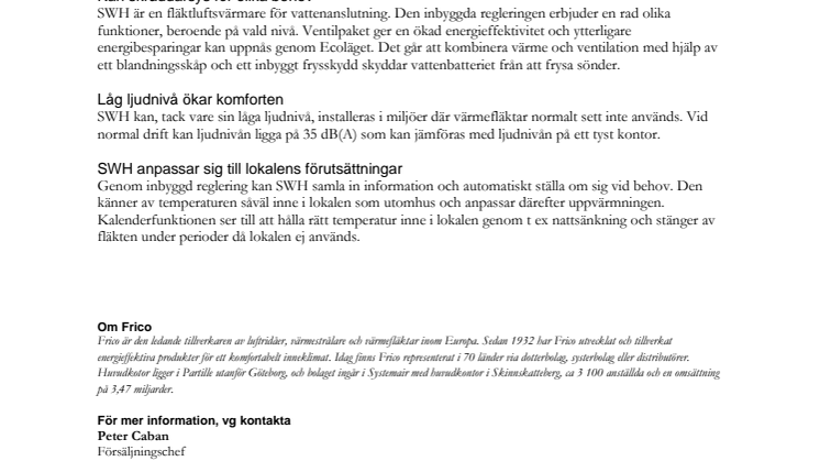 Frico lanserar SWH, den intelligenta fläktluftsvärmaren