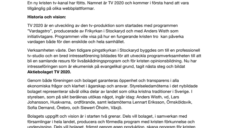 Tv2020  Ny tv-kanal för livsåskådning och kristen opinionsbildning