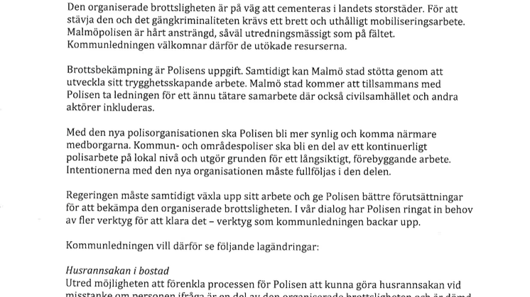 Kommunstyrelsen stöder Malmöpolisen om behovet av lagändringar