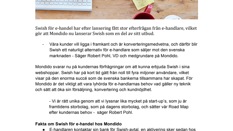 Mondido lanserar som första PSP stöd för Swish Handel