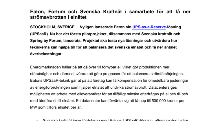 Eaton, Fortum och Svenska Kraftnät i samarbete för att få ner strömavbrotten i elnätet