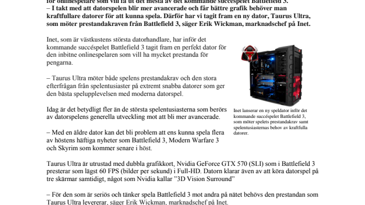 Inet lanserar ny speldator inför premiären av spelet Battlefield 3 